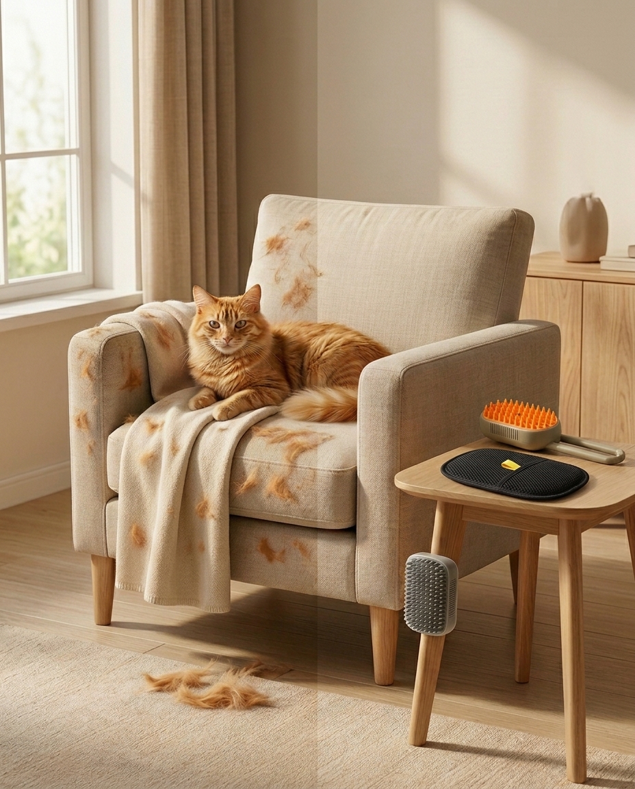 Sillón con pelo suelto de gato a la izquierda, y a la derecha el mismo espacio ordenado con el Kit Chau Pelos