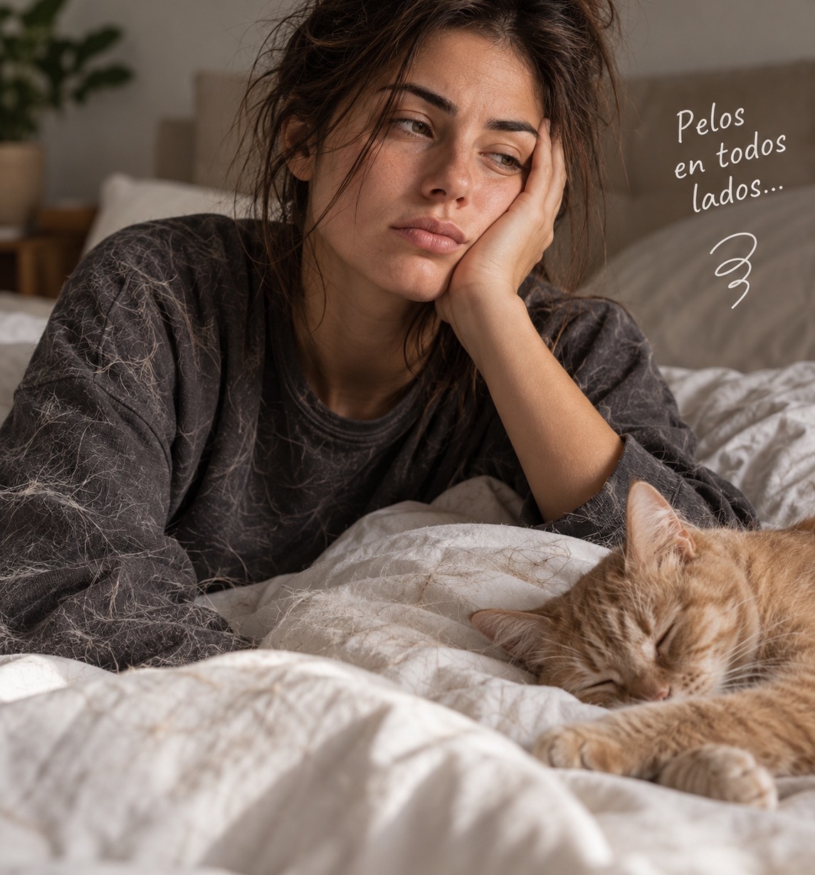 Antes: una mujer cansada, con pelo de gato en la ropa y la cama