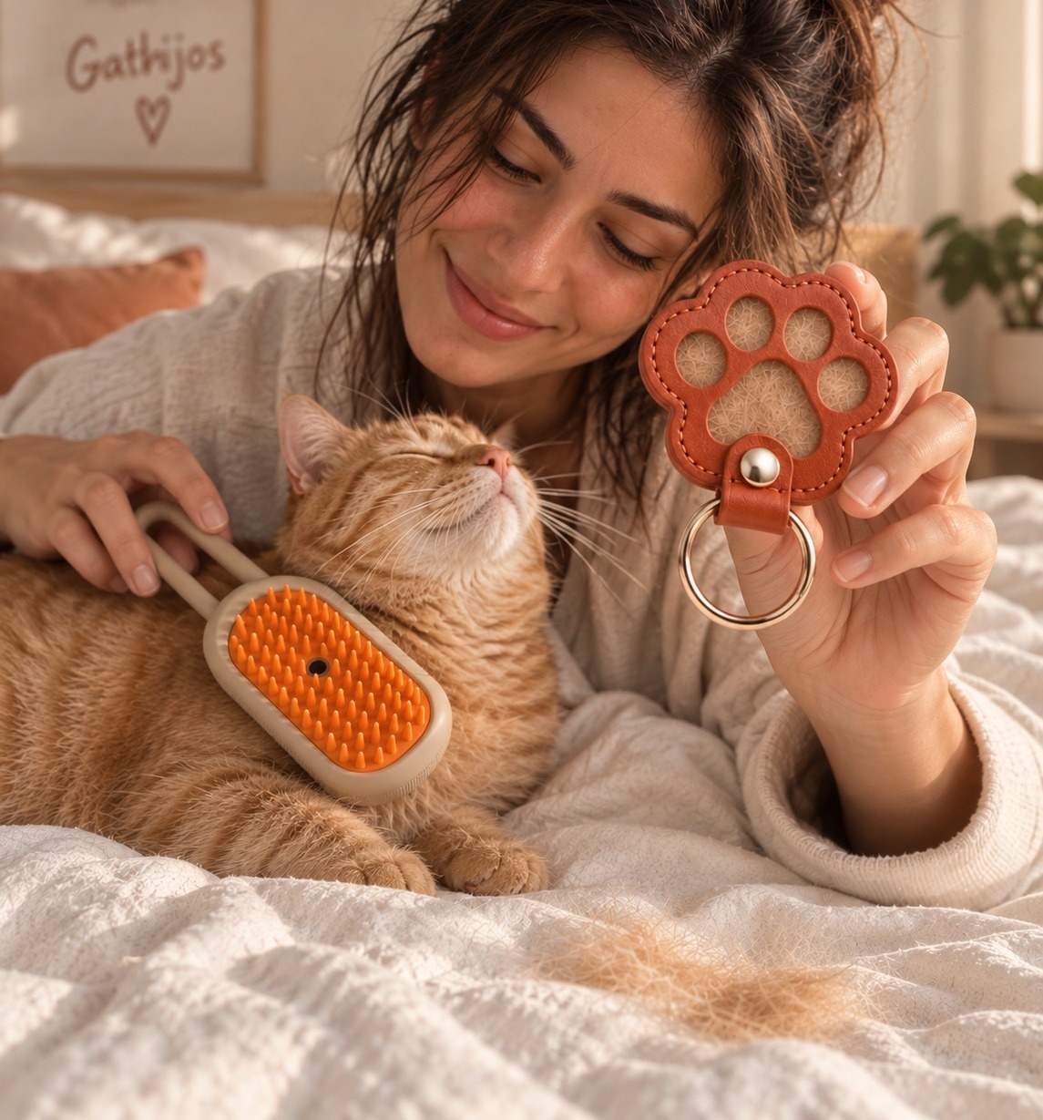 Después: la mujer sonriendo con su gato, el cepillo con niebla fina y la Huellita Guardapelos en la mano