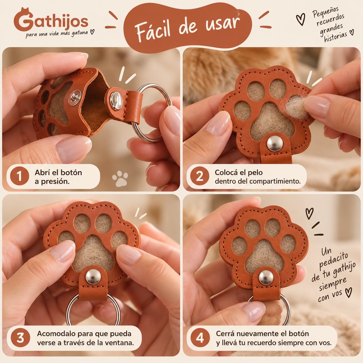 Fácil de usar: abrí el botón, colocá el pelo, acomodalo en la ventana y cerrá.